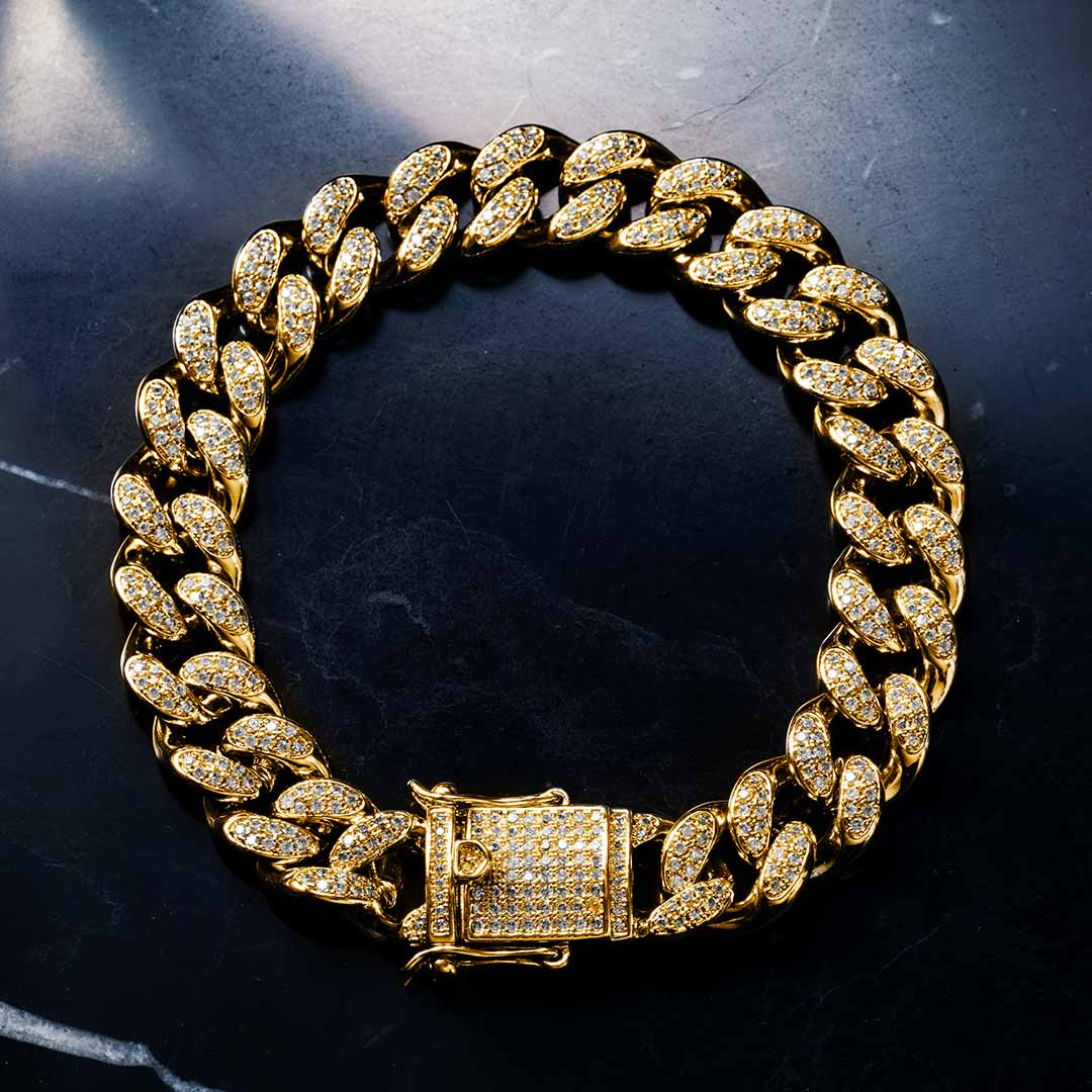 Helloice 13mm Handset 18K Gold Finish Iced Cuban Bracelet