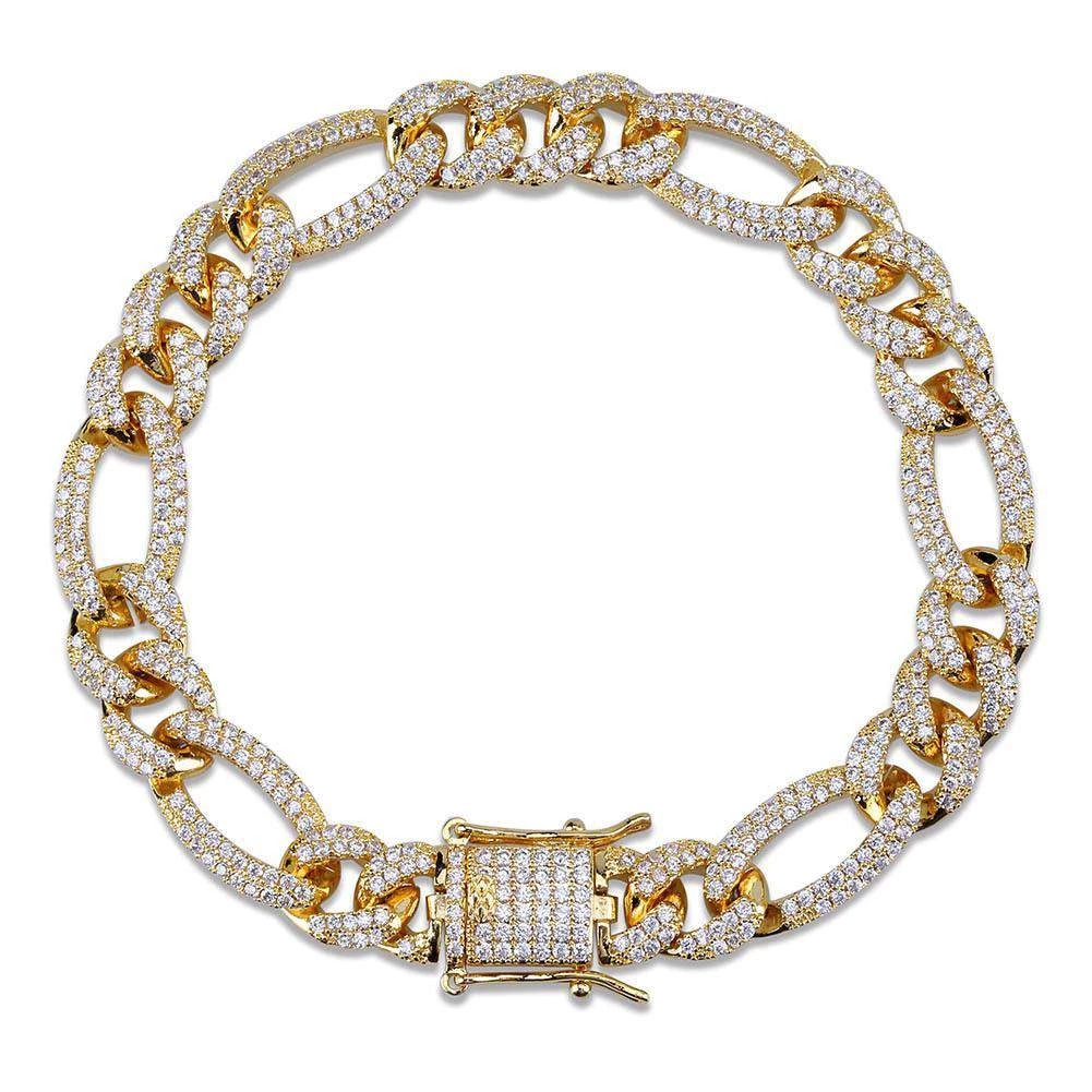Helloice 10mm 18K Gold Finish Iced Figaro Bracelet