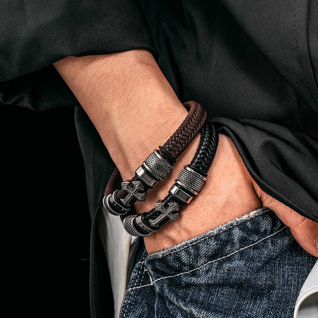 Helloice Men's Leather Braid Bracelet with Stainless Steel Cross and Magnet Clasp