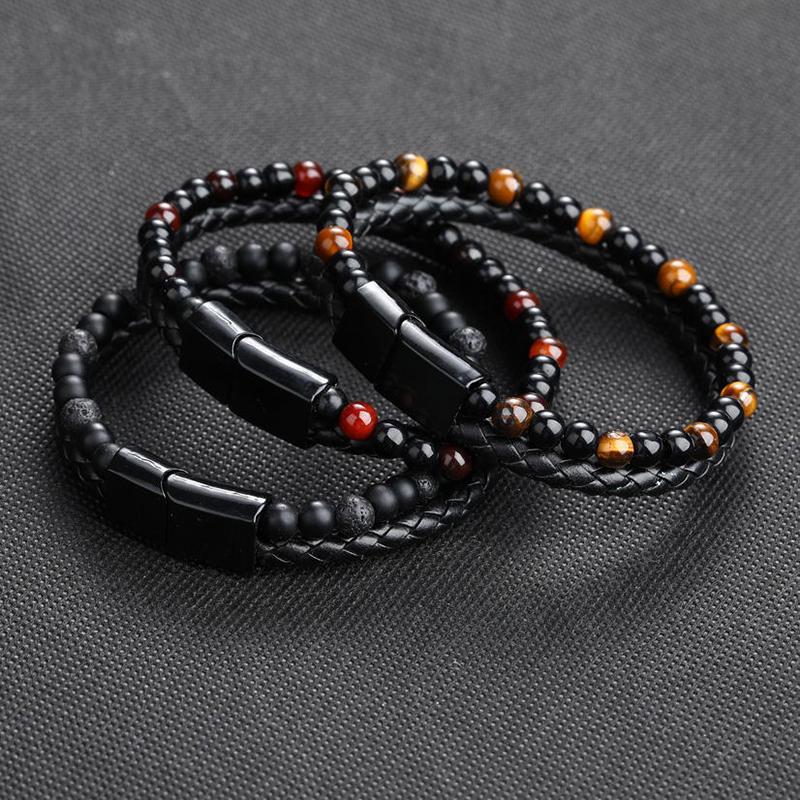 Helloice Men's Braid Leather & Natural Stone Bead Bracelet