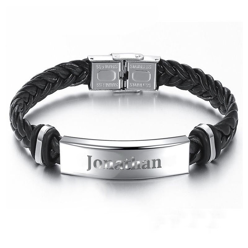 Helloice Men's Engraved Braid Leather Bracelet with Stainless Steel