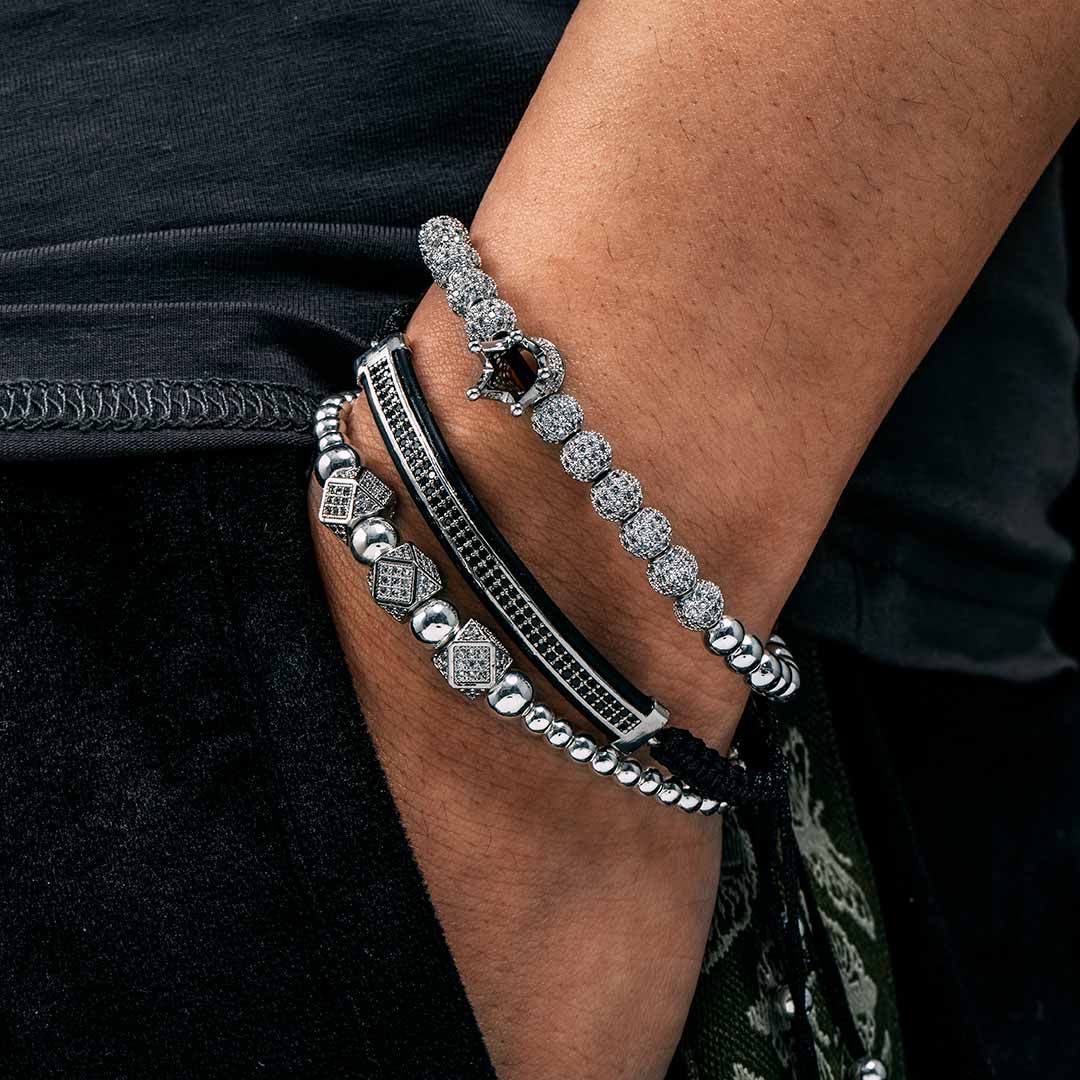 Helloice 3Pcs Iced Crown Copper Beads Steel Bracelet Set in White Gold