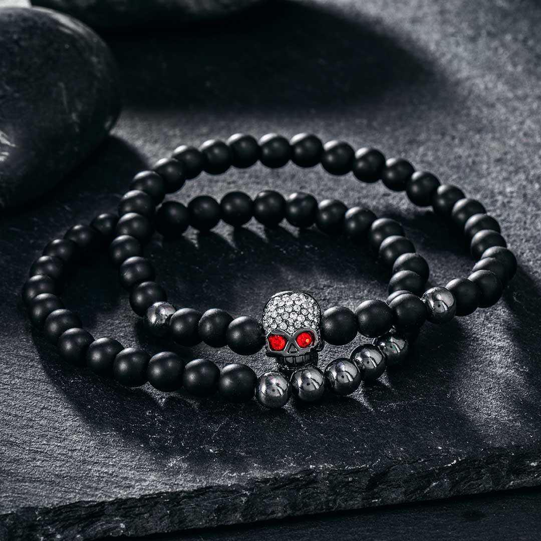 Helloice 2Pcs Black Frosted & Copper Beads Skull Bracelet