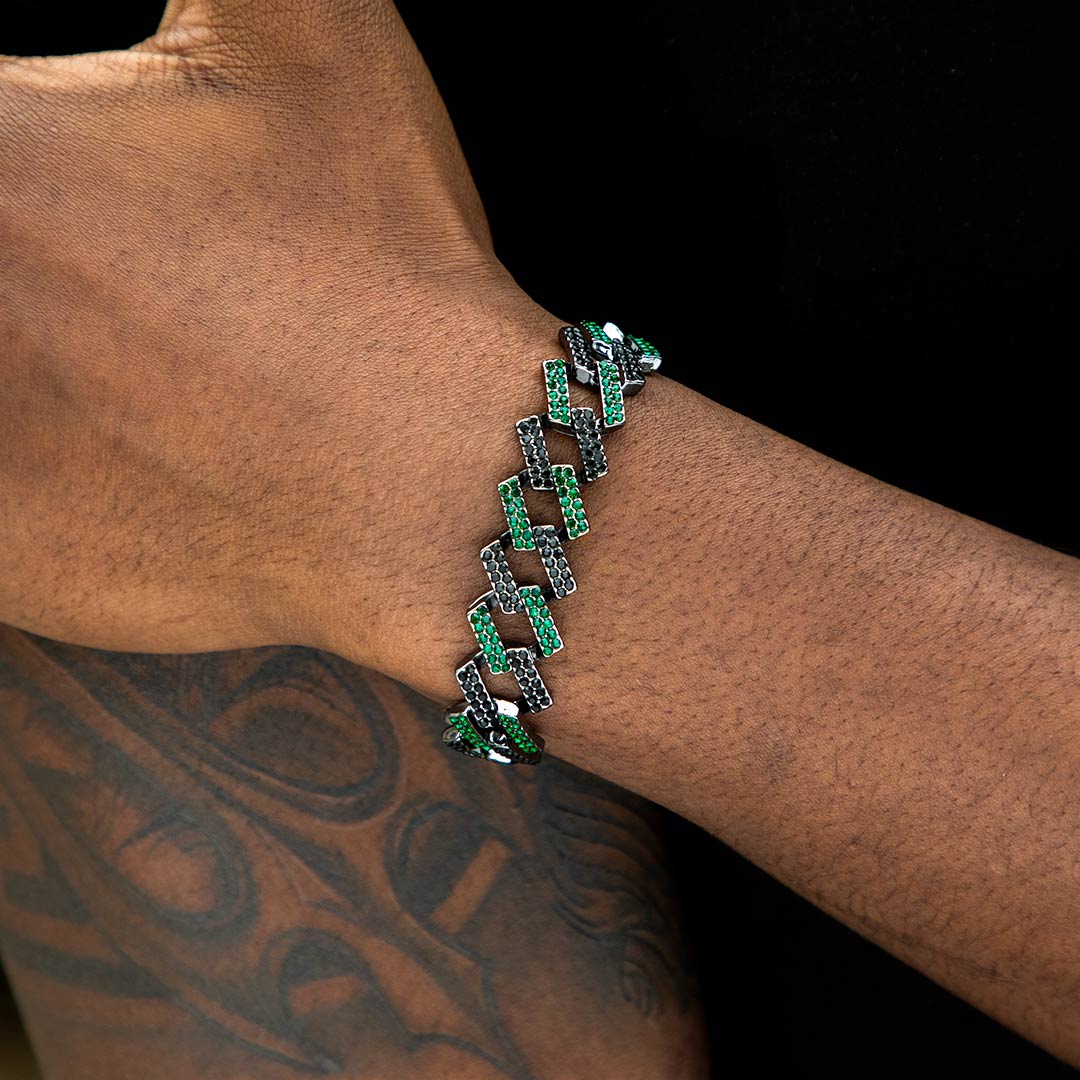 Helloice Iced 14mm Emerald & Black Prong Cuban Bracelet in Black Gold