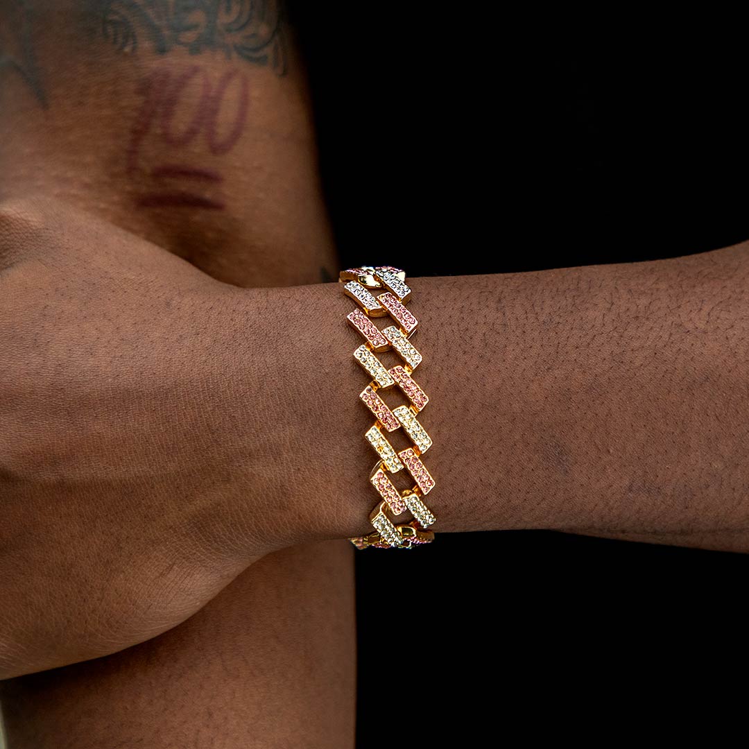 Helloice Iced 14mm White & Pink Prong Cuban Bracelet in Gold