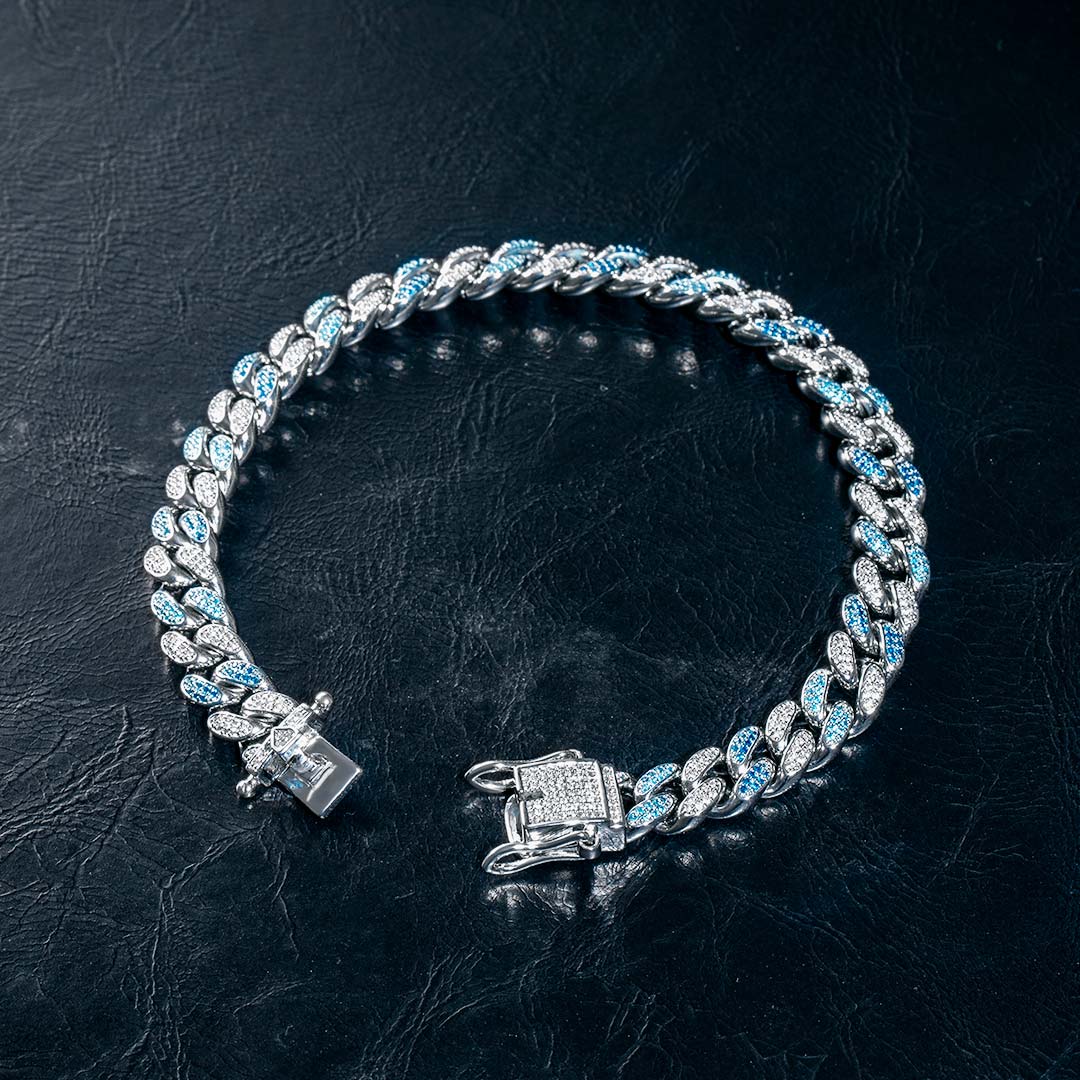 Helloice Iced 8mm Handset Gradient Blue Cuban Bracelet in White Gold