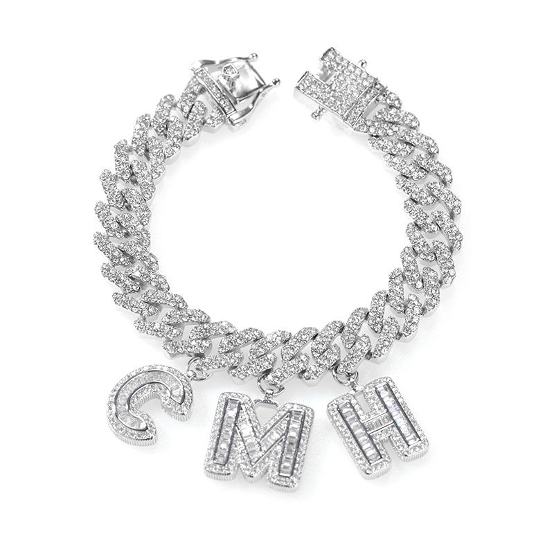 Helloice Baguette Cut Custom Name 12mm 8" Cuban Bracelet in White Gold