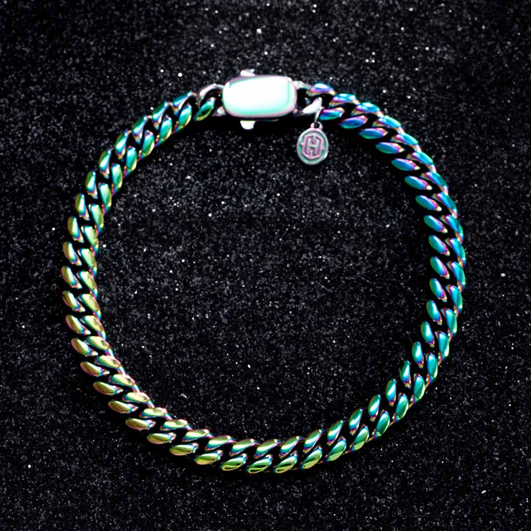 Helloice 6mm Rainbow Stainless Steel Cuban Bracelet with Spring Clasp
