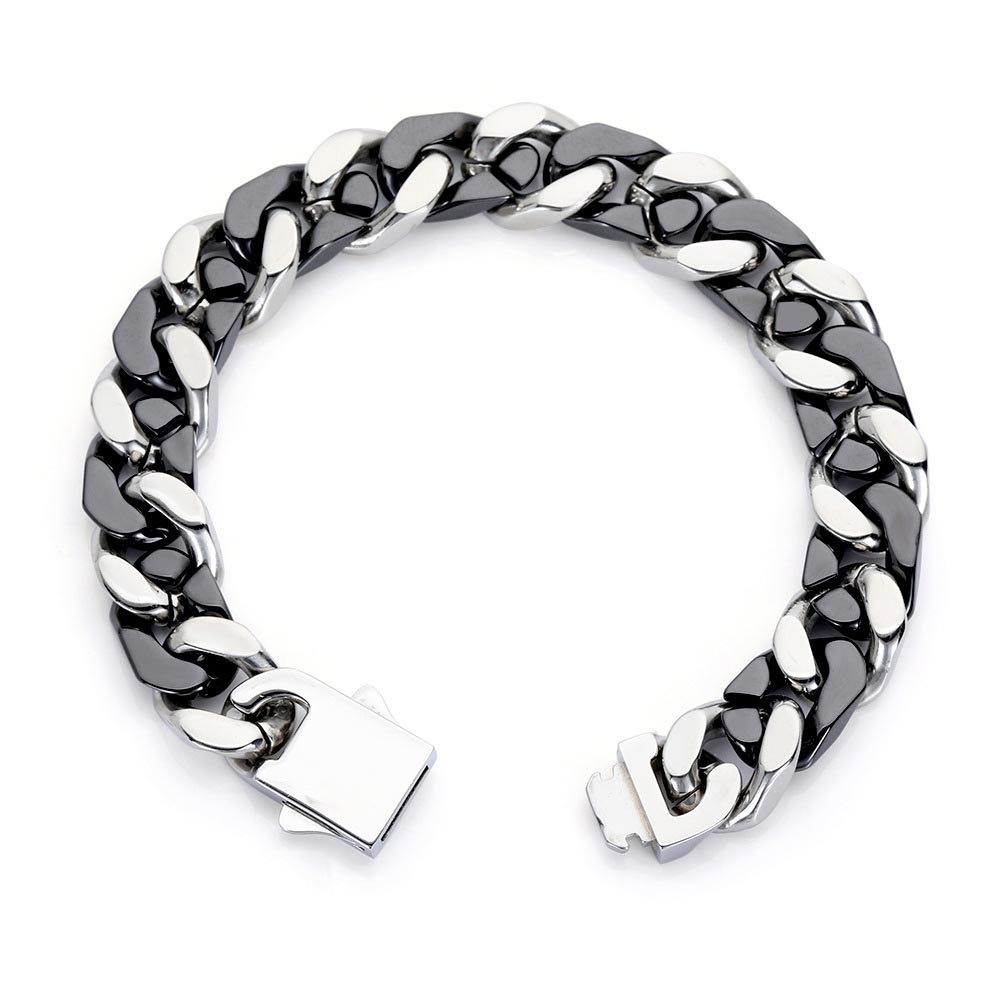 Helloice 13mm Black and Steel Two-tone Cuban Bracelet