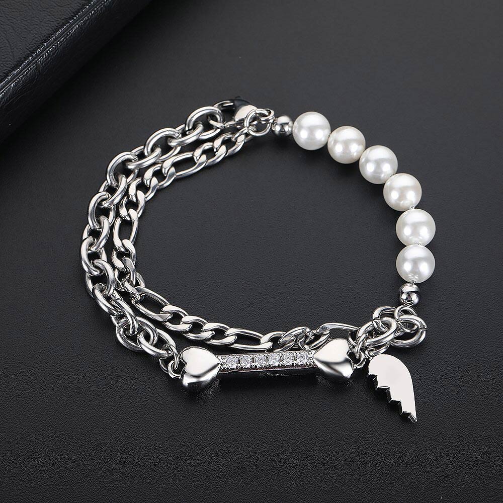 Helloice Pearl and Cuban Chain with Half Heart Bracelet