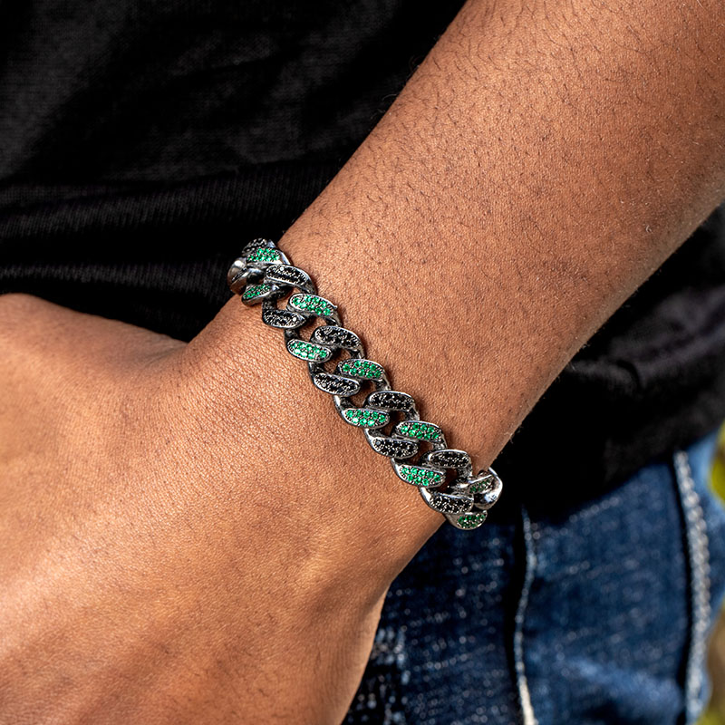 Helloice Iced 12mm Handset Emerald & Black Stones Cuban Bracelet in Black Gold