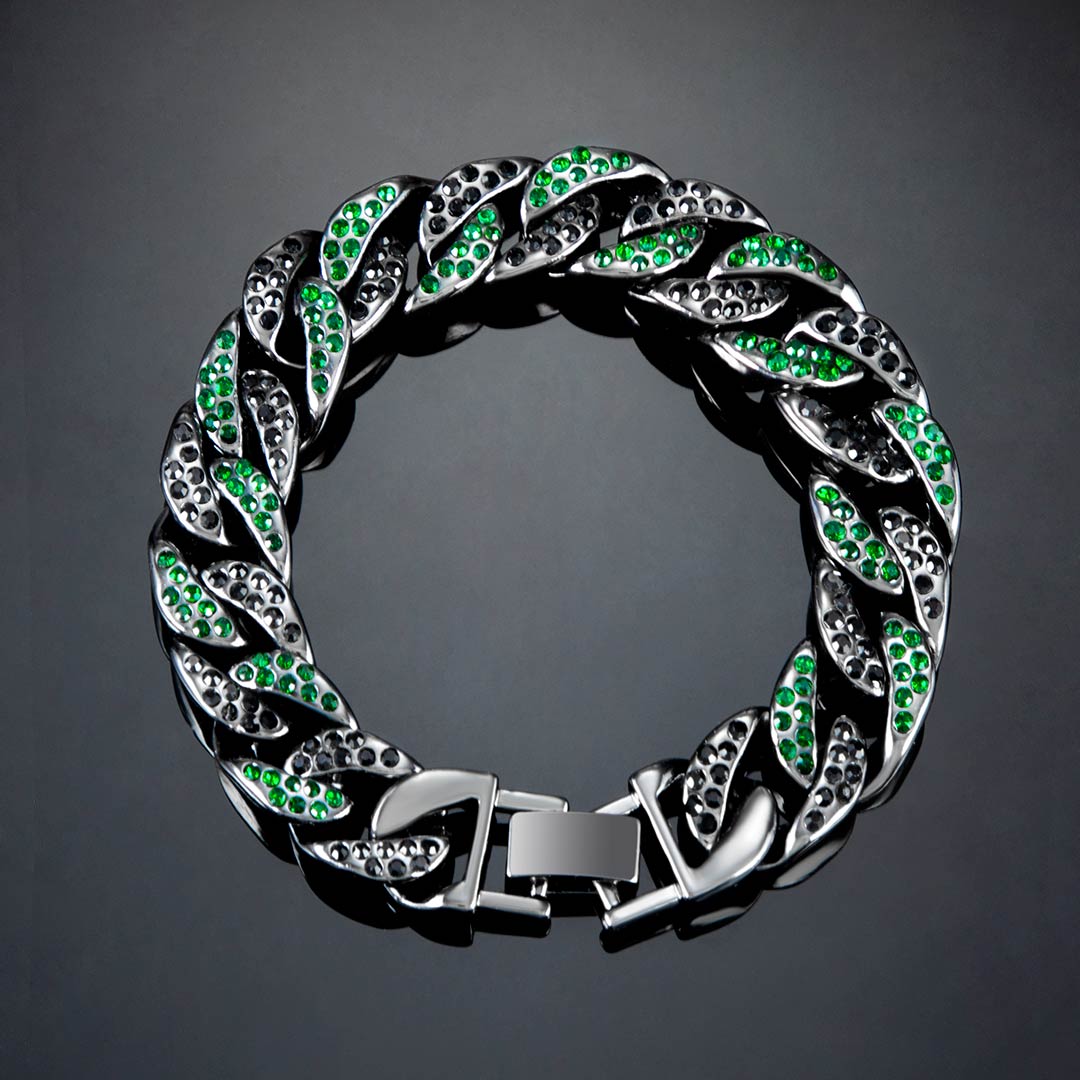 Helloice Iced 13mm Emerald & Black Cuban Bracelet in Black Gold