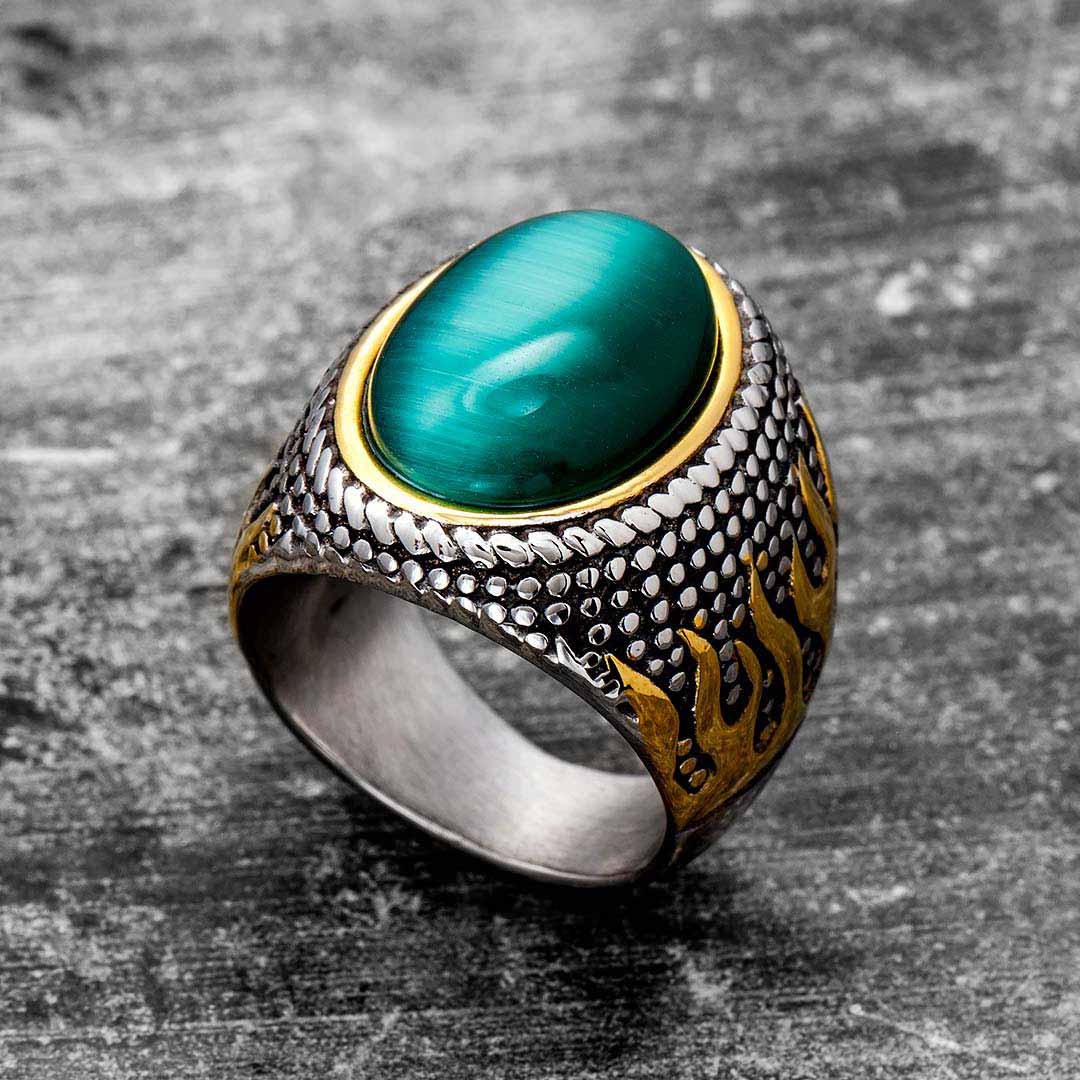 Helloice Vintage Green Agate Stainless Steel Ring
