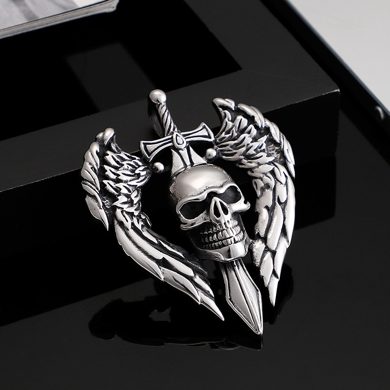 Helloice Vintage Skull Sword Wings Titanium Steel Pendant