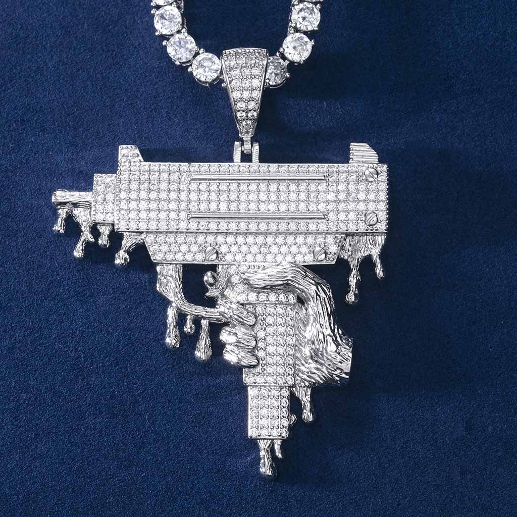Helloice Hand Holding Dripping Gun Pendant in White Gold