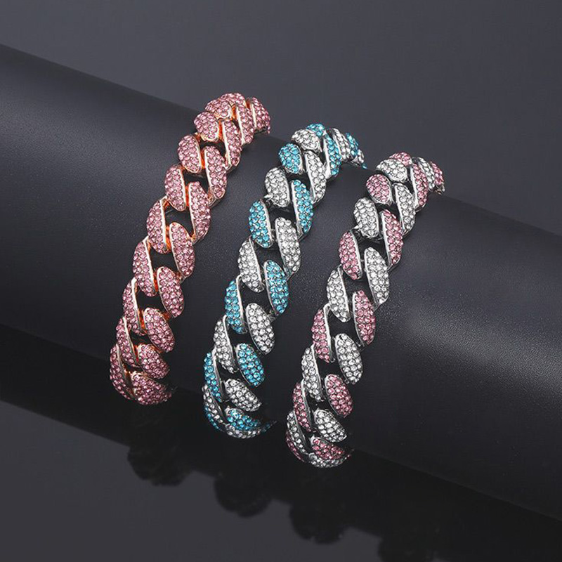 Helloice Women's 12mm Pink/Blue Micro Paved Cuban Bracelet