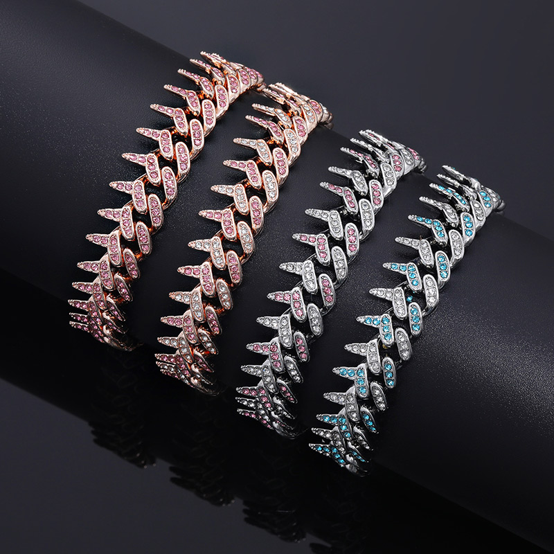 Helloice Iced 13mm Pink/Blue Rivet Spike Thorns Cuban Bracelet