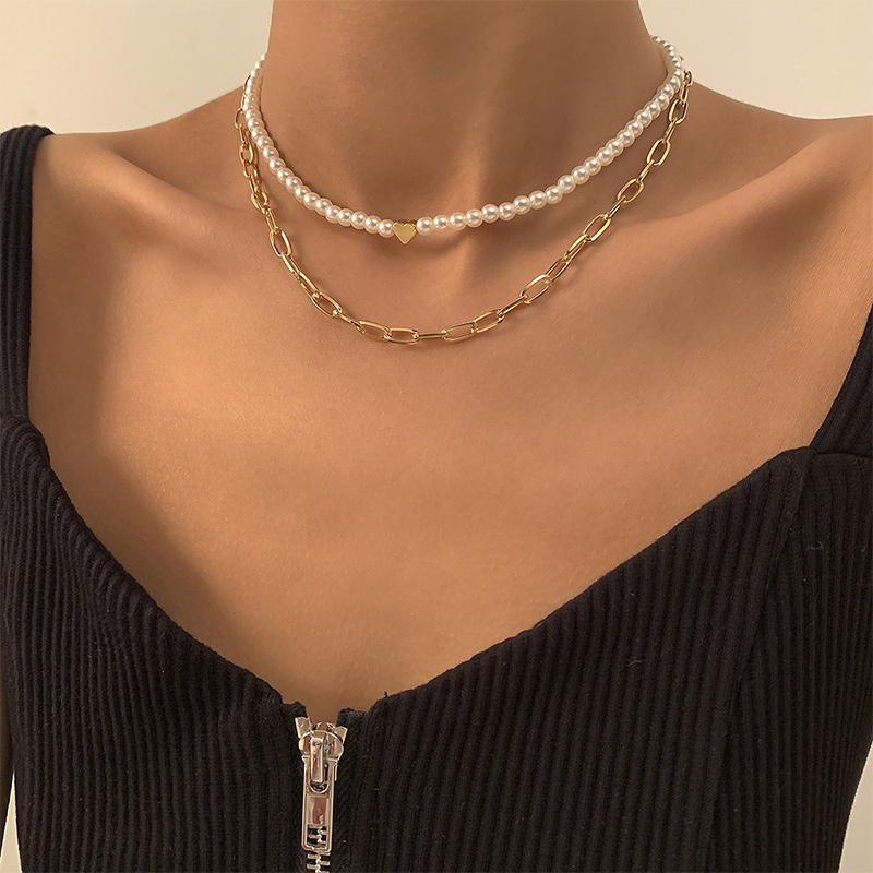 Helloice 2Pcs Heart Pearl & Rectangle Link Chain Layered Necklace