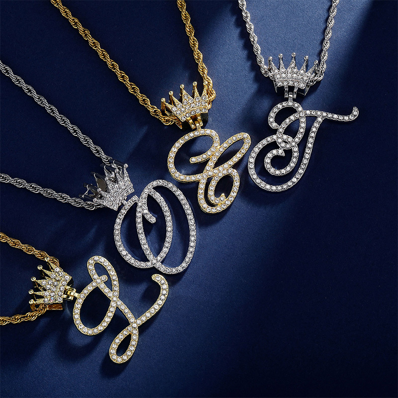 Helloice Iced Cursive A-Z Initial Letters Pendant with Crown