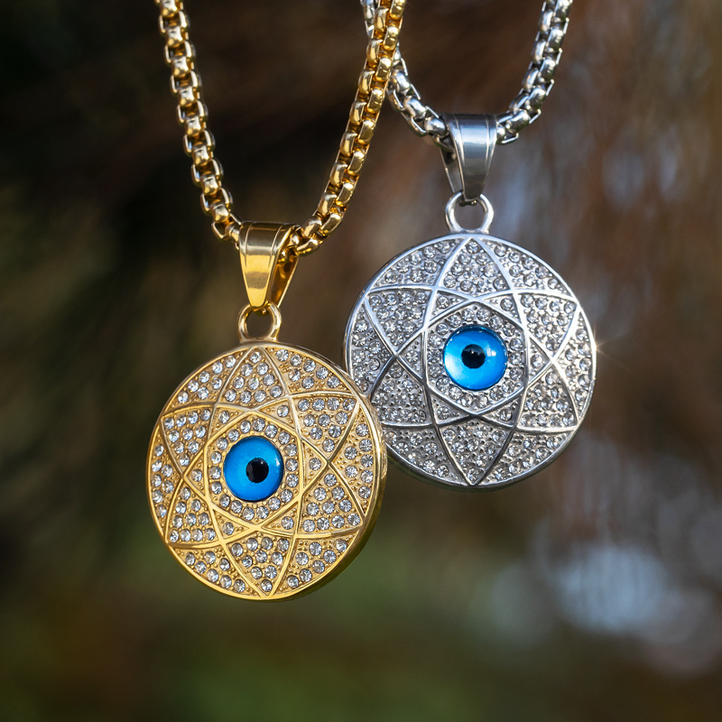 Helloice Iced Star of David & Evil Eye Round Pendant
