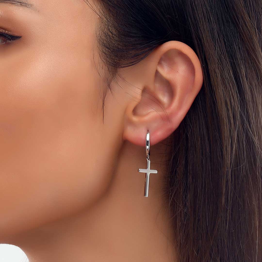 Helloice Women's Cross Dangle Earrings in White Gold