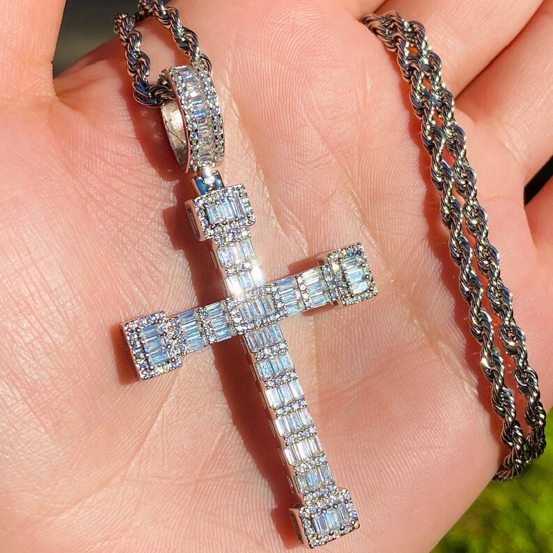 Helloice Baguette Cut Cross Pendant in White Gold