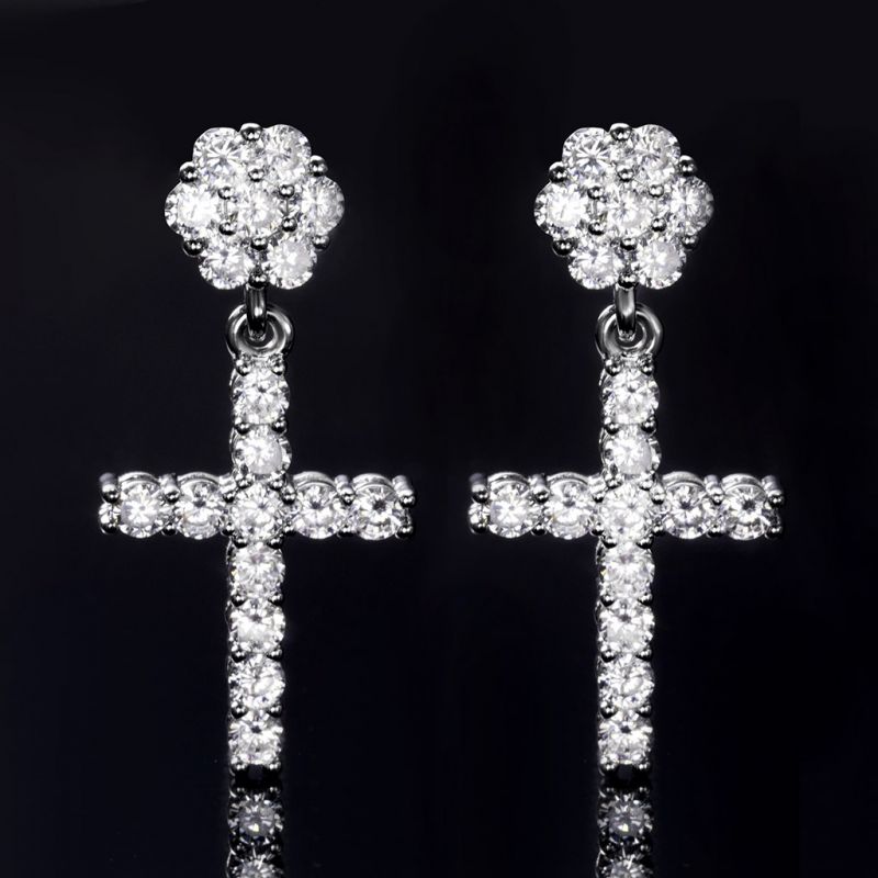 Helloice Women's Flower Cluster Cross Earrings in White Gold