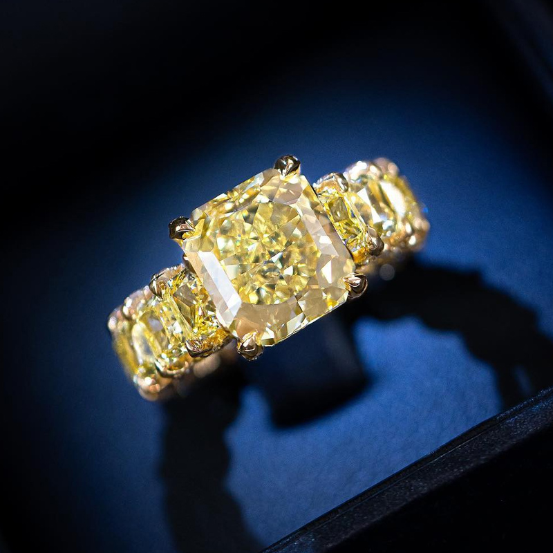 Helloice Radiant Cut Yellow Diamonds Golden Tone Engagement Ring