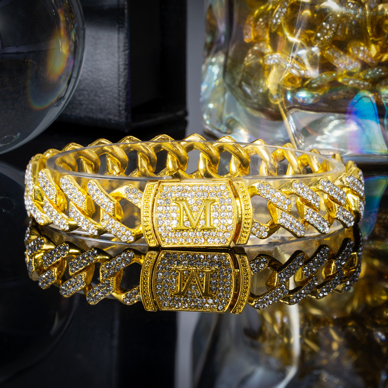 Helloice 12mm 8" Initial Letter Iced Prong Cuban Bracelet in Gold