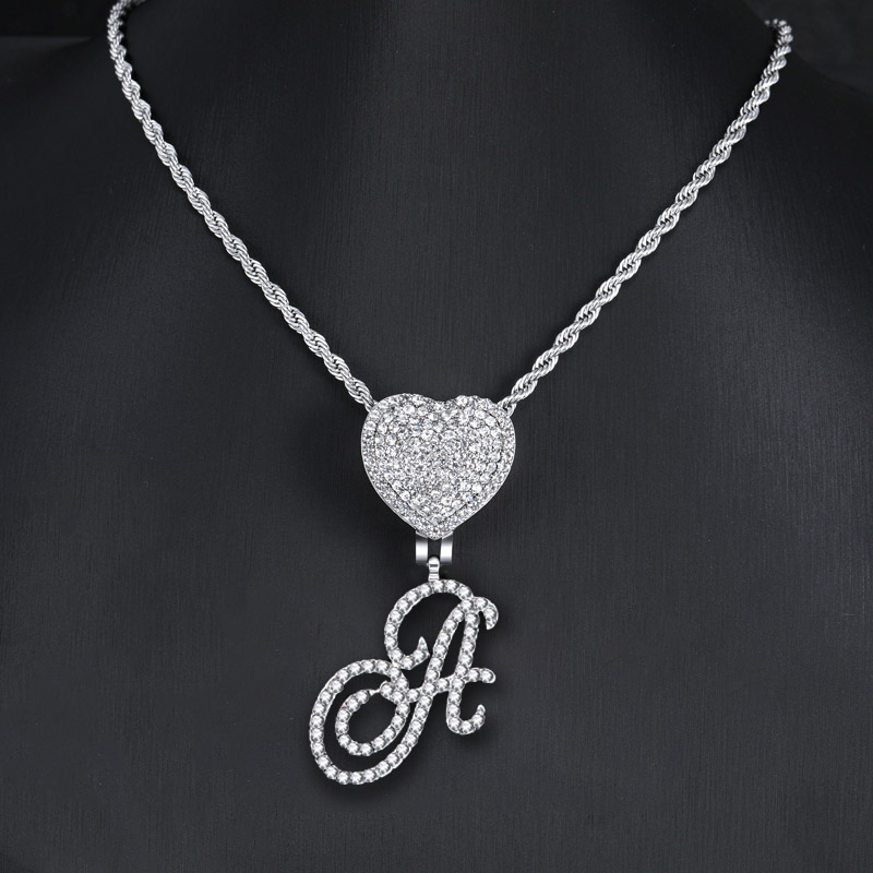 Helloice Iced Love Buckle Cursive Initial Letter Pendant in White Gold