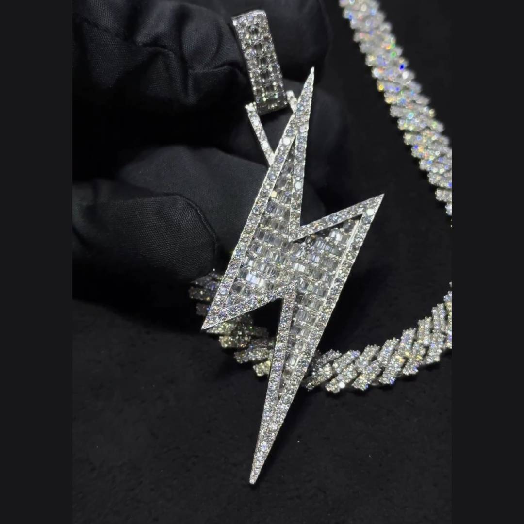 Helloice Bling Baguette Cut Lightning Bolt Pendant in White Gold