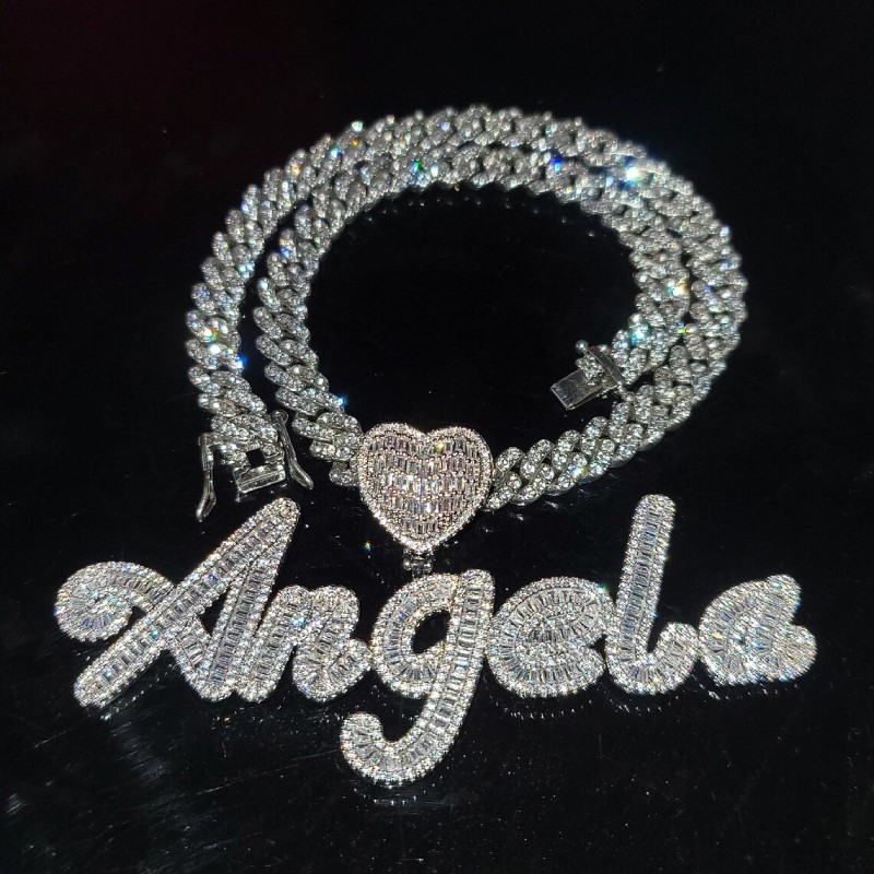 Helloice Iced Heart Custom Cursive Name Baguette Pendant