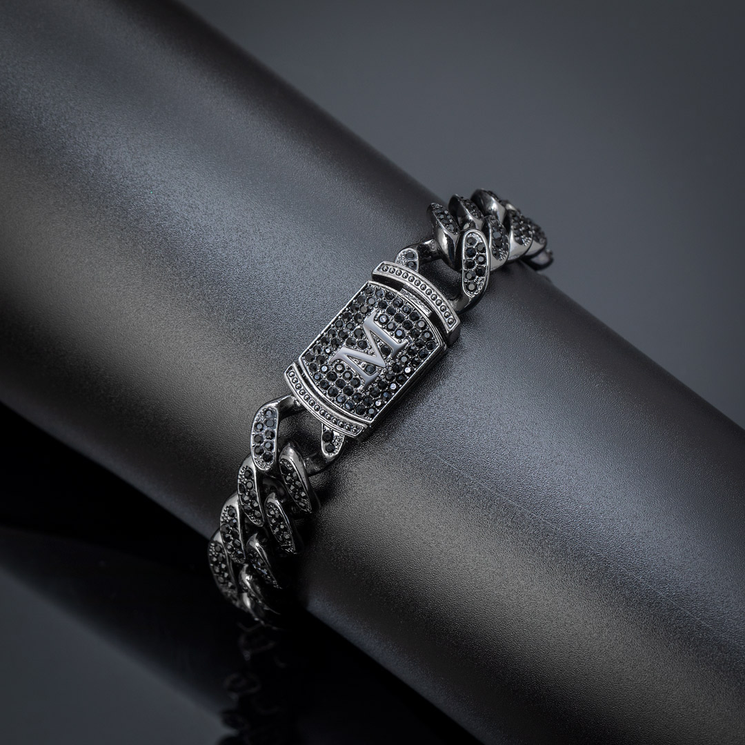Helloice 12mm 8" Initial Letter Iced Miami Cuban Bracelet in Black Gold