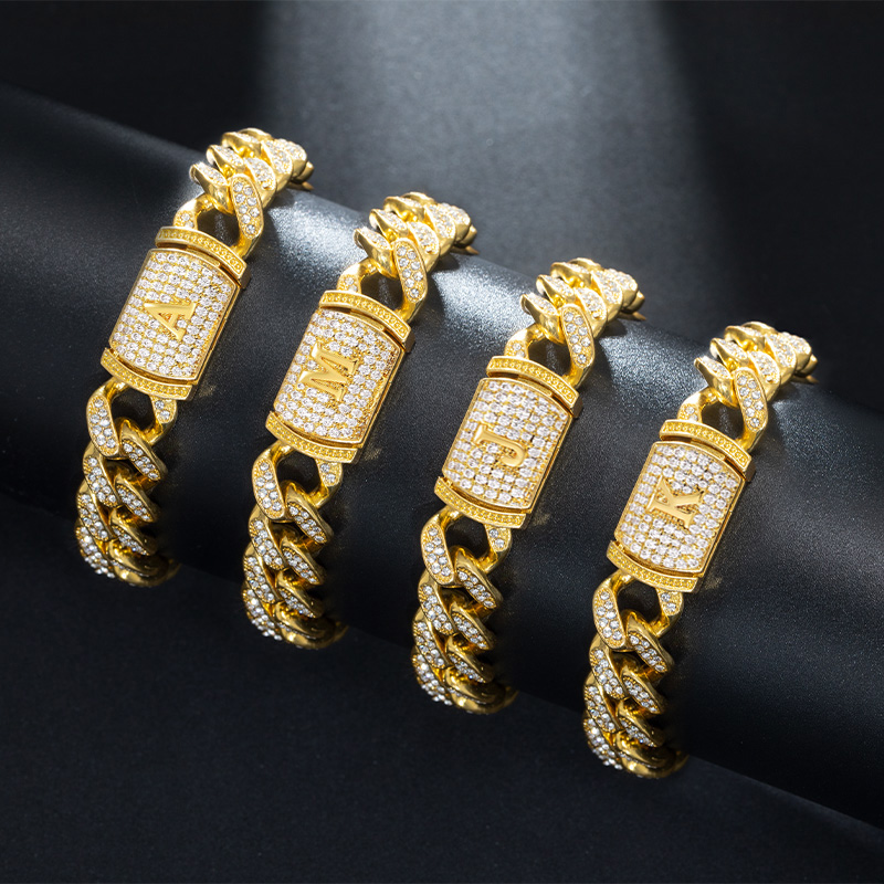 Helloice 12mm 8" Initial Letter Iced Miami Cuban Bracelet in Gold