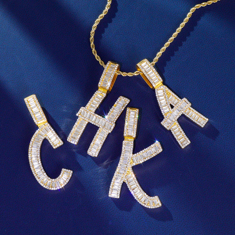 Helloice Iced Baguette A-Z Letters Pendant in Gold