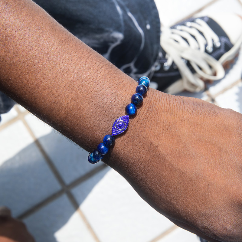 Helloice Evil Eye Blue Tiger Eye Beaded Adjustable Bracelet