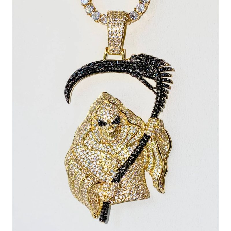 Helloice Iced Death Skull with Black Sickle Pendant