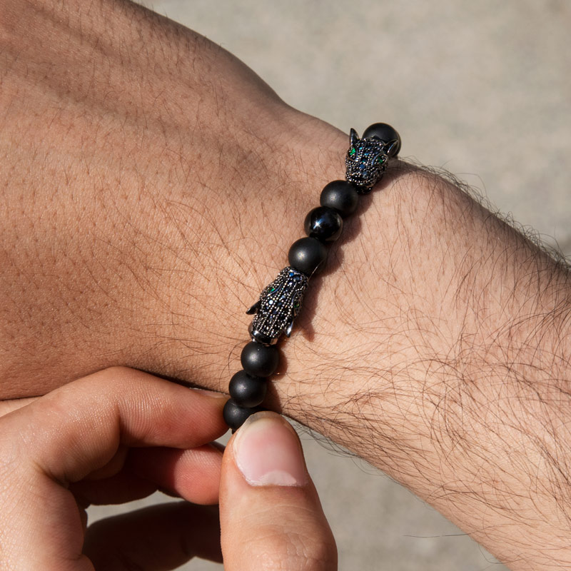 Helloice  Iced Panther Obsidian Beaded Stretch Bracelet