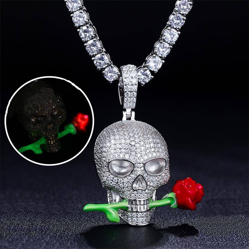 Helloice Iced Skull Head with a Luminous Rose Pendant