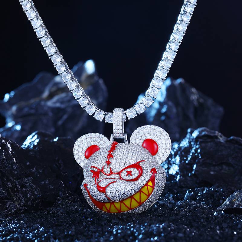 Helloice Micro Paved Evil Bear Head 3D Cartoon Pendant