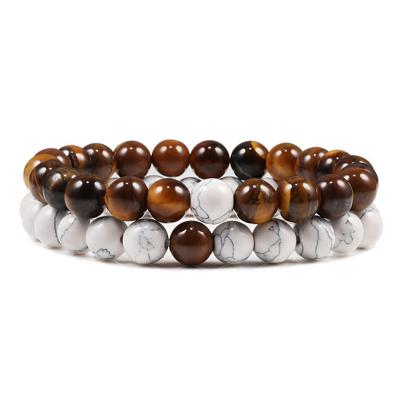 Helloice 2Pcs Tiger Eye and White Turquoise Beads Bracelet