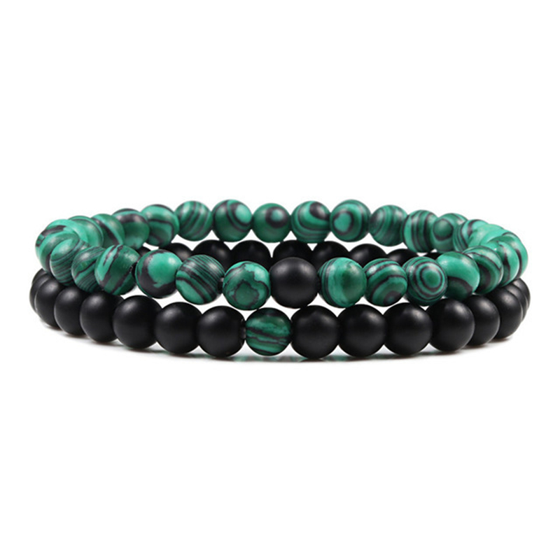 Helloice 2Pcs Malachite Turquoise Black Frosted Beads Bracelet