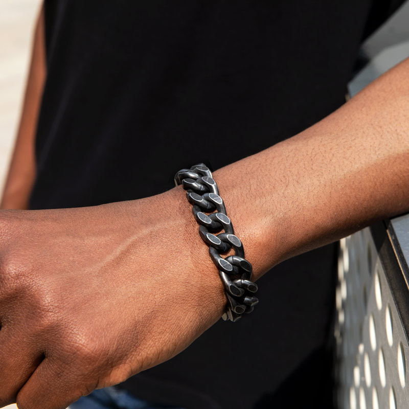 Helloice 14mm Curb Bracelet with Hook Buckle Clasp in Black Gold