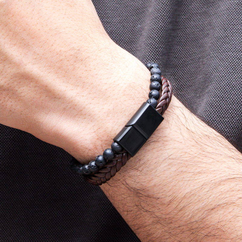 Helloice  Lava Stone Brown Leather Layered Bracelet