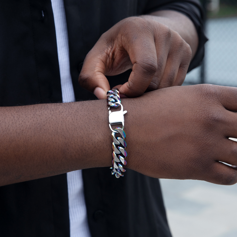 Helloice  14mm Diamond Cut Two-tone Cuban Bracelet-in Rainbow/Gold/Black Gold