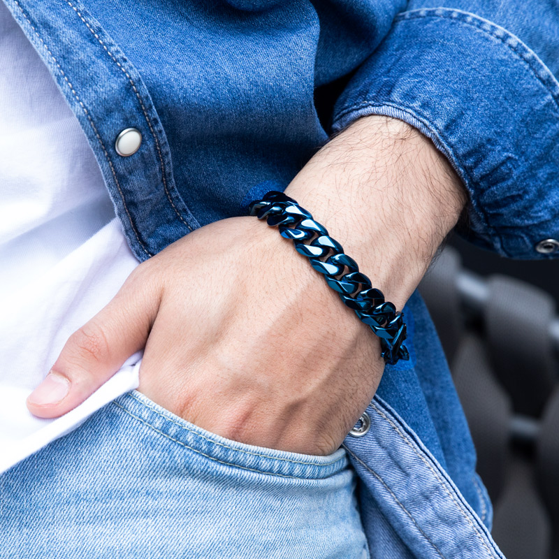 Helloice 14mm Diamond Cut Cuban Bracelet-Blue/Black Gold