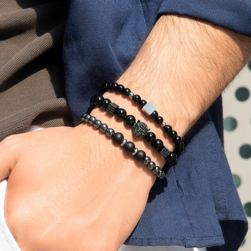 Helloice  3pcs Iced Panther Black Obsidian Beaded Stretch Bracelet