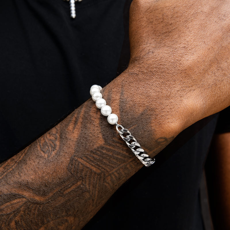 Helloice Half Pearl and Steel Cuban Bracelet