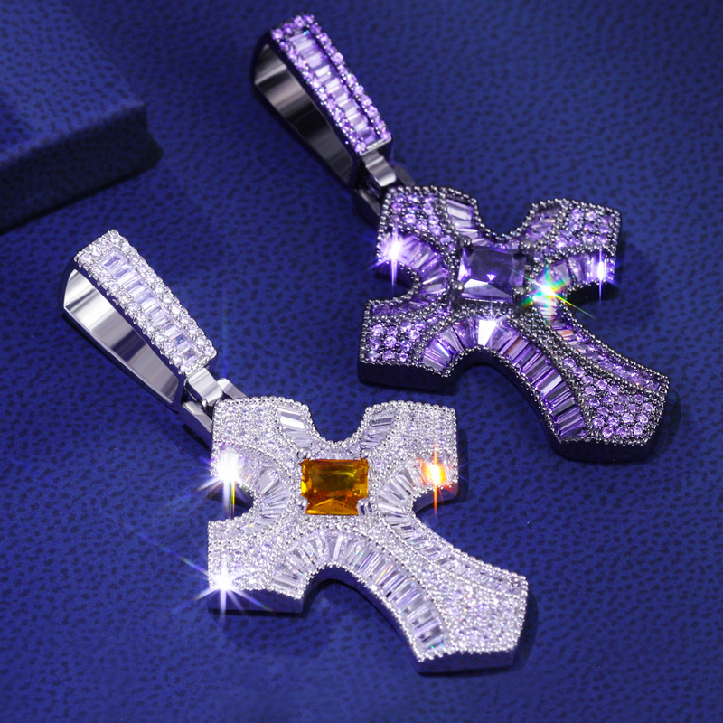 Helloice Iced Purple/Fancy Baguette Christian Cross Pendant