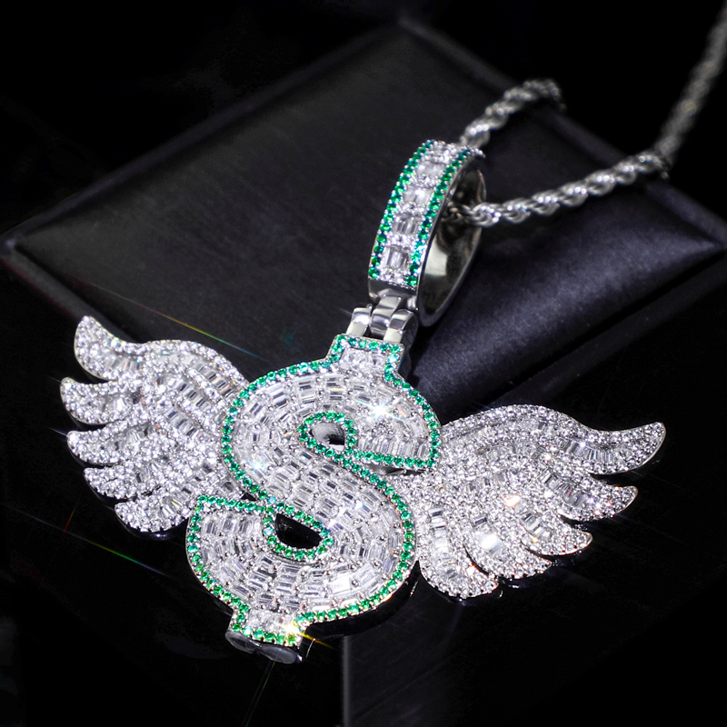 Helloice Iced Dollar Sign Pendant with Baguette Angel Wings